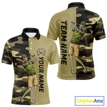 Load image into Gallery viewer, Funny Skull Golf Polo Shirts Green Camo Pattern Custom Name Skull Playing Golf Apparel NBT625