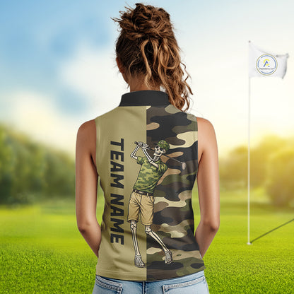 Funny Skull Womens Sleeveless Golf Polo Shirts Green Camo Pattern Custom Name Skull Playing Golf Apparel NBT625