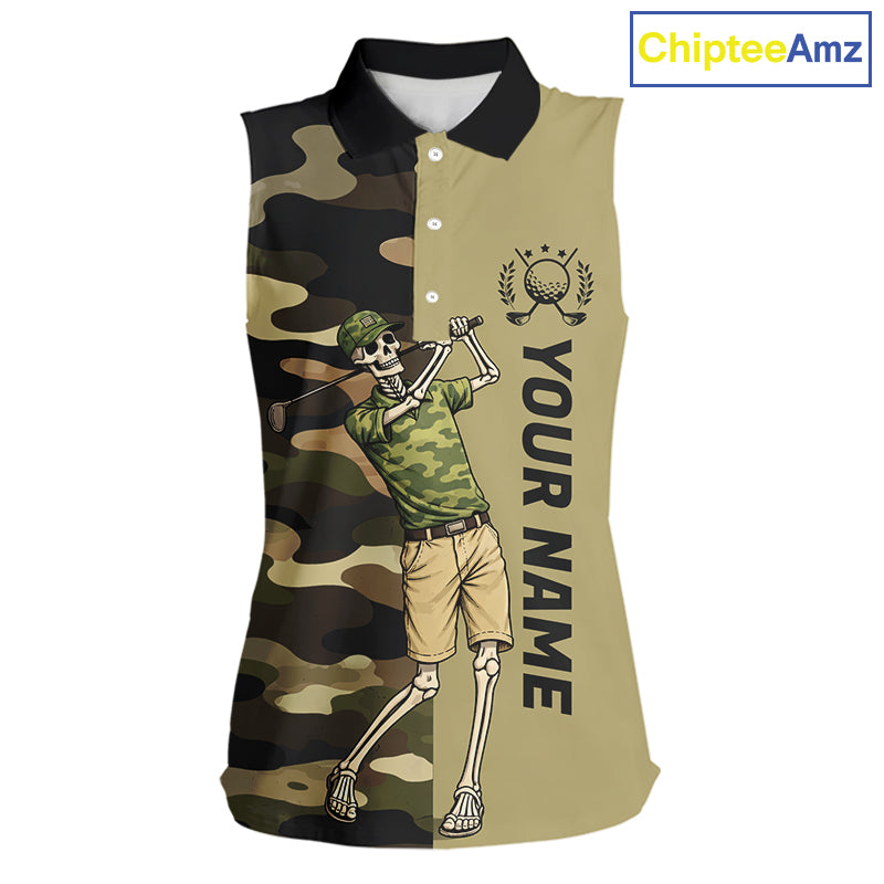 Funny Skull Womens Sleeveless Golf Polo Shirts Green Camo Pattern Custom Name Skull Playing Golf Apparel NBT625