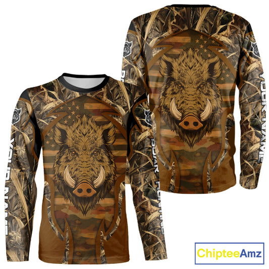 Personalized Wild Boar Hunting Brown Camo US Flag Printed Shirts, Hunting Gifts NBT235