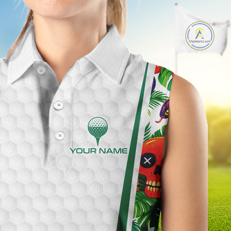 Funny Sleeveless Golf Skull Tropical Pattern Golf Polo Shirt Custom Name Golf Shirts For Womens NBT519