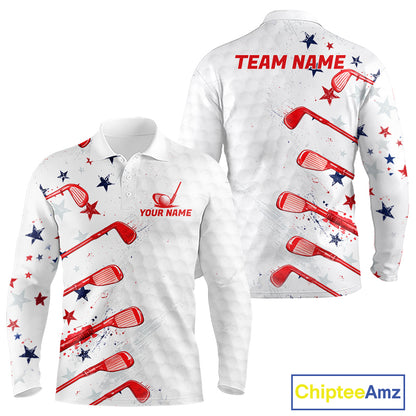 White long-sleeve shirt with red lacrosse stick and star pattern, customizable text, and Chiptee Amz branding.
