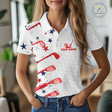 Load image into Gallery viewer, Woman wearing a white polo shirt with red and blue designs and 'Your Name' text.