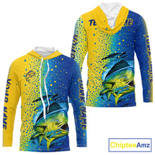 Load image into Gallery viewer, Front and back view of custom Mahi Mahi saltwater fishing hooded long sleeve UV protection with personalized name
