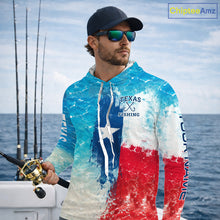 Load image into Gallery viewer, Angler wearing Texas Bass Fishing Long Sleeve Hooded Fishing Shirt while fishing on the water