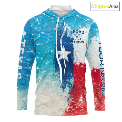 Front view of Texas Bass Fishing ocean camo hooded shirt with Texas flag design