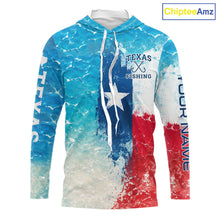 Load image into Gallery viewer, Front view of Texas Bass Fishing ocean camo hooded shirt with Texas flag design