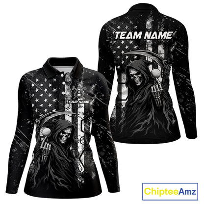 Custom Black And White American Flag Skull Reaper Womens Golf Polo Shirt, Team Golf Shirts NBT881
