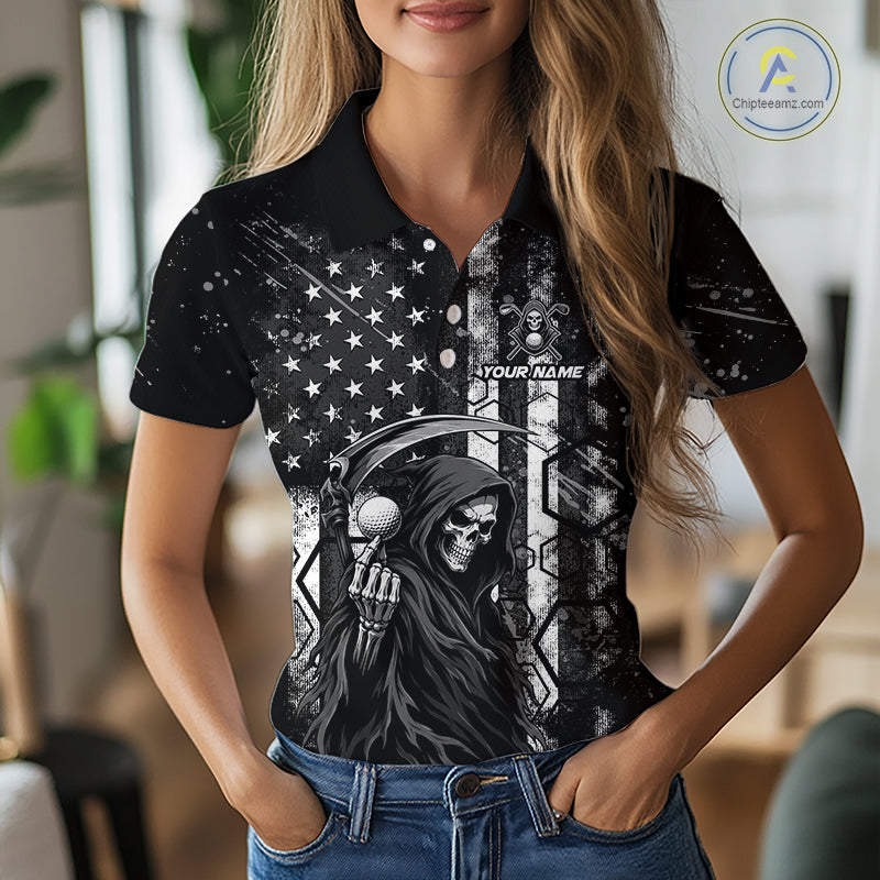 Golfer wearing custom black and white American flag skull reaper golf polo shirt on the course - front view