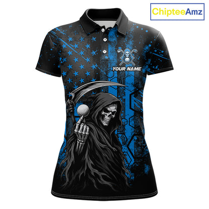 Custom Black And Blue American Flag Skull Reaper Womens Golf Polo Shirt, Team Golf Shirts NBT882