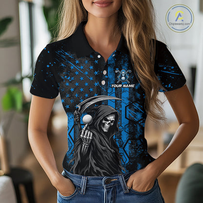 Custom Black And Blue American Flag Skull Reaper Womens Golf Polo Shirt, Team Golf Shirts NBT882