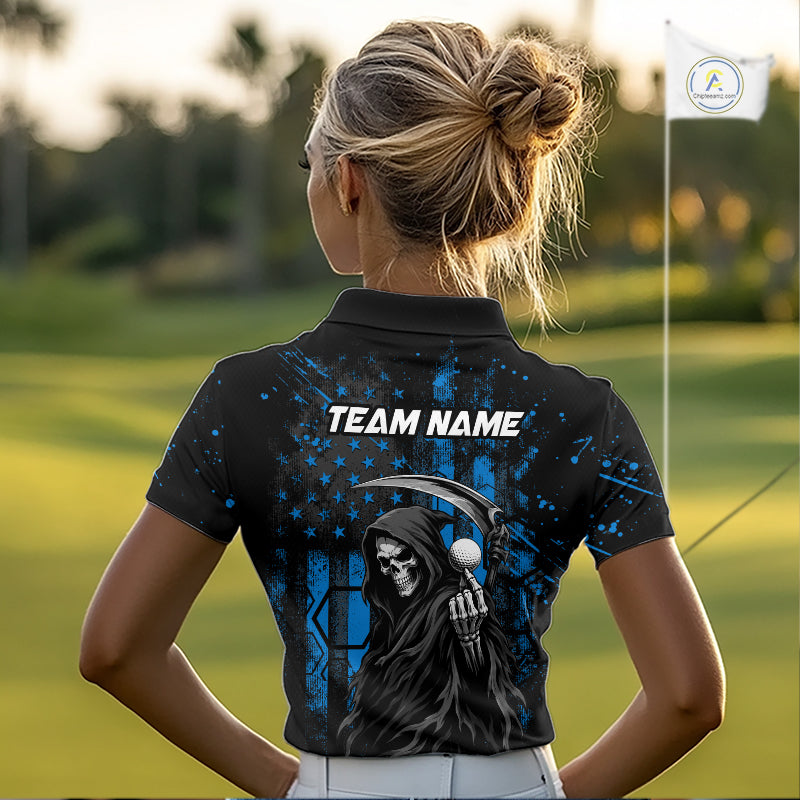 Custom Black And Blue American Flag Skull Reaper Womens Golf Polo Shirt, Team Golf Shirts NBT882