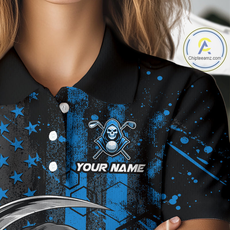 Custom Black And Blue American Flag Skull Reaper Womens Golf Polo Shirt, Team Golf Shirts NBT882