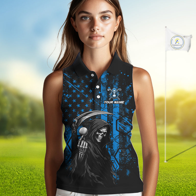 Custom Black And Blue American Flag Skull Reaper Womens Sleeveless Golf Polo Shirt, Team Golf Shirts NBT882