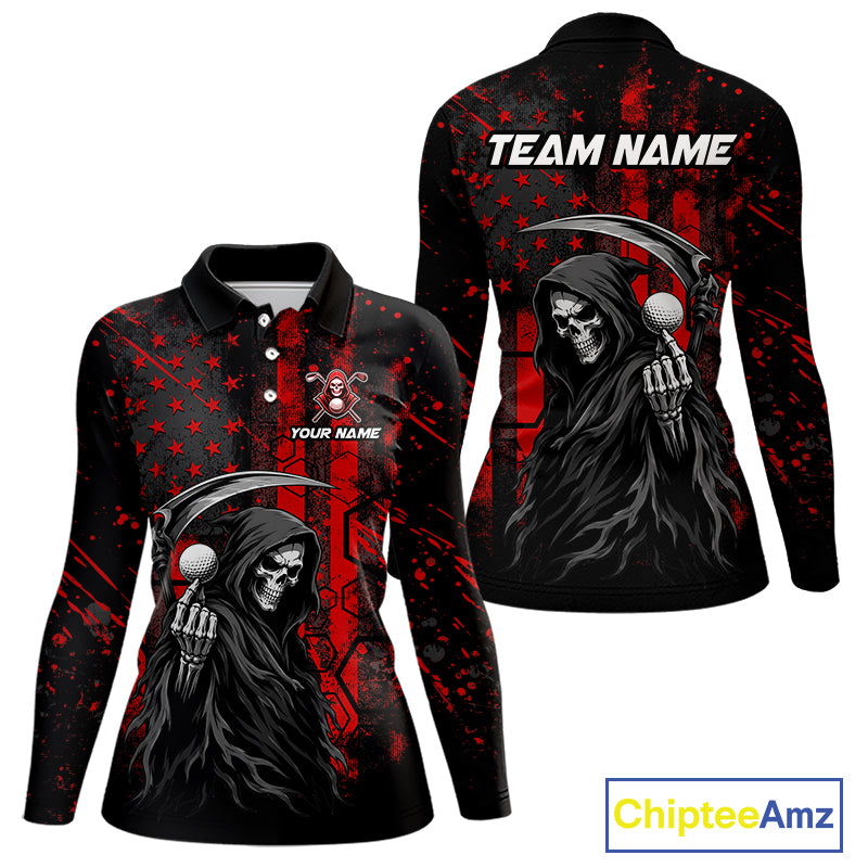 Custom Black And Red American Flag Skull Reaper Womens Golf Polo Shirt, Team Golf Shirts NBT883