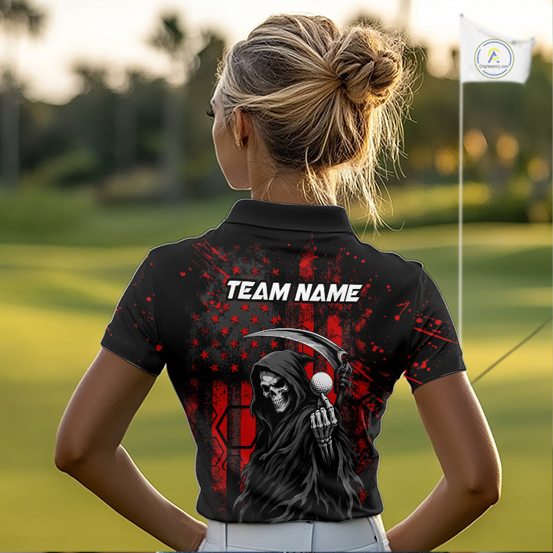 Custom Black And Red American Flag Skull Reaper Womens Golf Polo Shirt, Team Golf Shirts NBT883