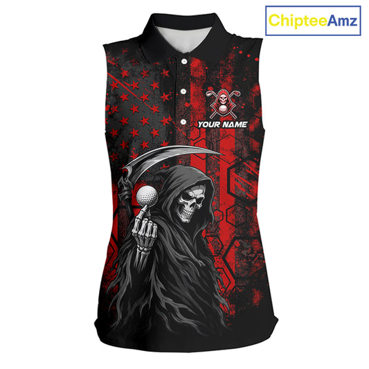 Custom Black And Red American Flag Skull Reaper Womens Sleeveless Golf Polo Shirt, Team Golf Shirts NBT883