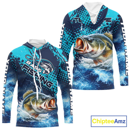 Thunder Lightning Bass Fishing Tournament Shirts with Hood Blue Camo, Custom Bass Fishing Shirts For Men NBT448