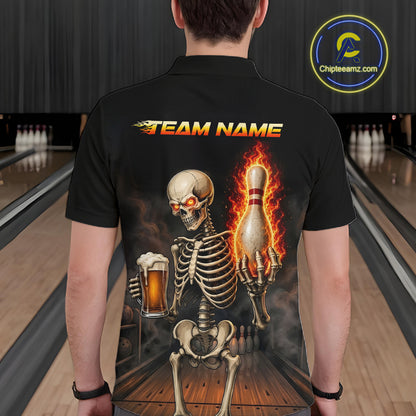 Bowler wearing black and orange fire flame beer skull bowling shirt on the lanes - back view