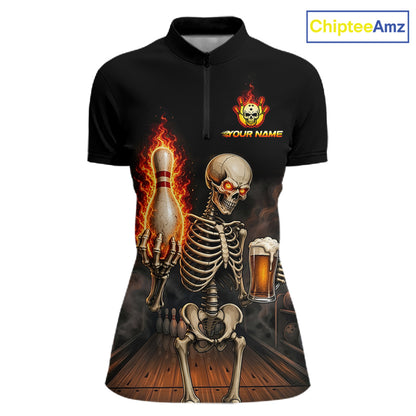 Front view of black and orange fire flame beer skull bowling quarter zip jersey for women
