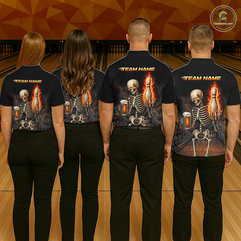 Bowling team wearing matching black and orange fire flame beer skull custom jerseys - back view