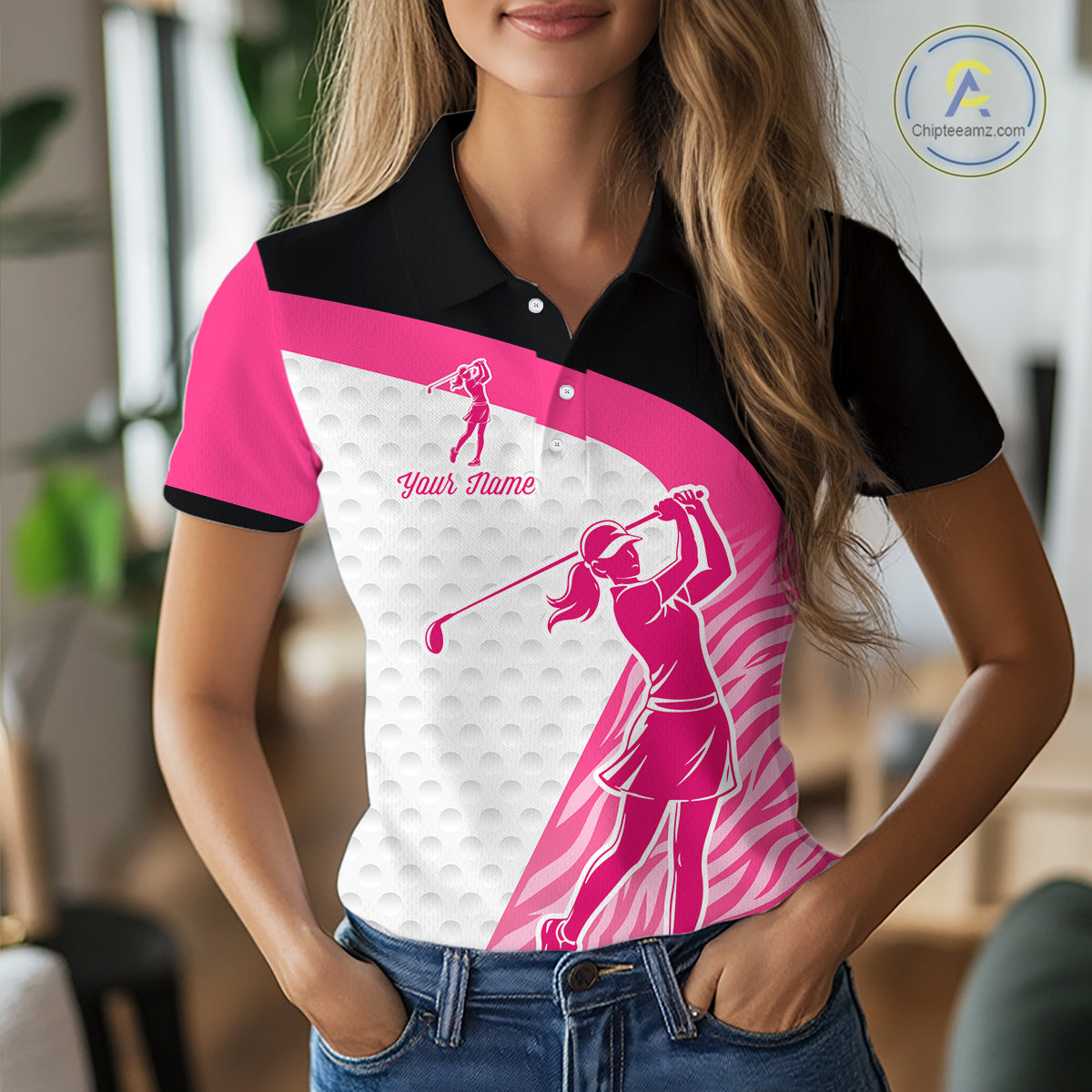 Pink Zebra Pattern Womens Golf Polo Shirts Custom Name Gift For Golf Lovers NBT580