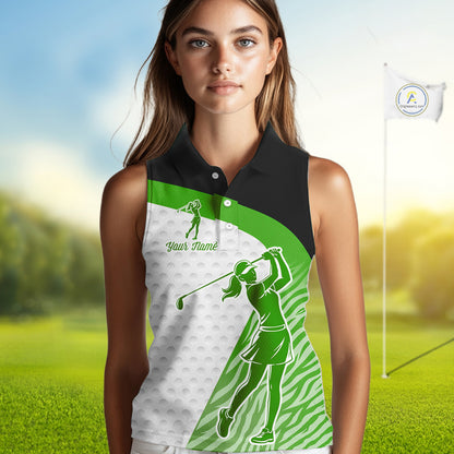 Green Zebra Pattern Womens Sleeveless Golf Polo Shirts Custom Name Gift For Golf Lovers NBT581