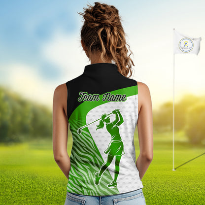 Green Zebra Pattern Womens Sleeveless Golf Polo Shirts Custom Name Gift For Golf Lovers NBT581