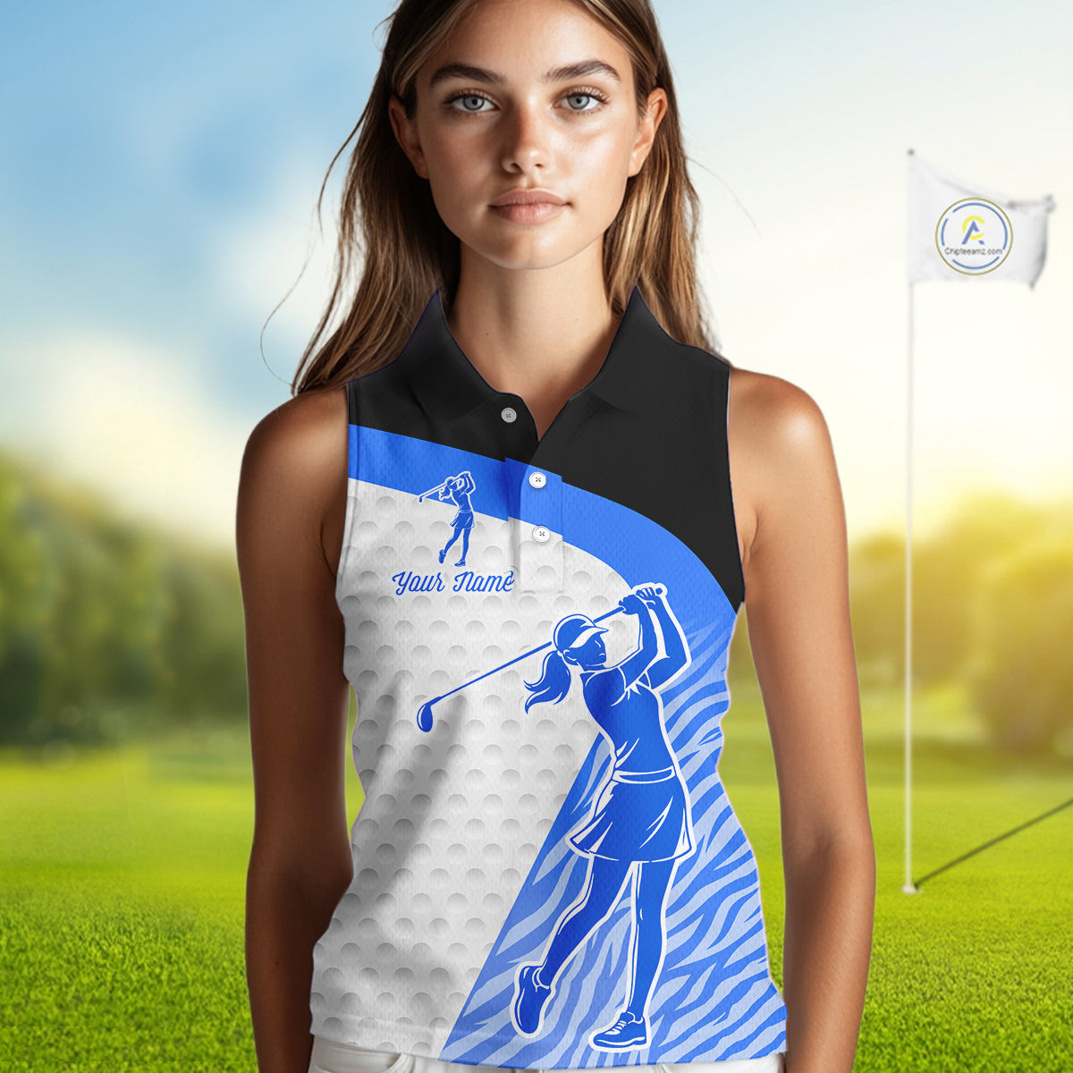 Blue Zebra Pattern Womens Sleeveless Golf Polo Shirts Custom Name Gift For Golf Lovers NBT582
