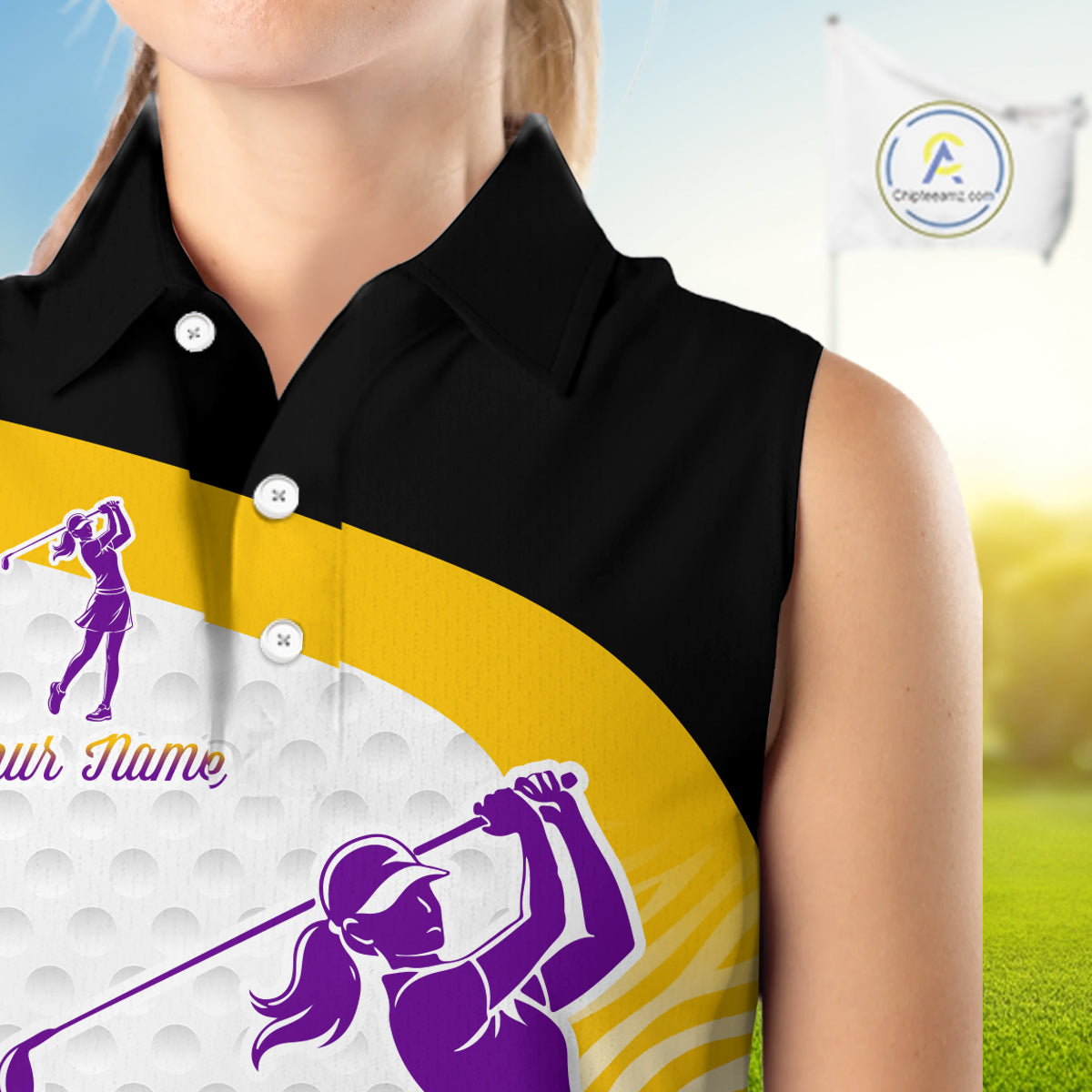 Yellow & Purple  Zebra Pattern Womens Sleeveless Golf Polo Shirts Custom Name Gift For Golf Lovers NBT583