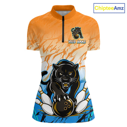 Front view of custom orange and blue leopard bowling quarter zip shirt for women
