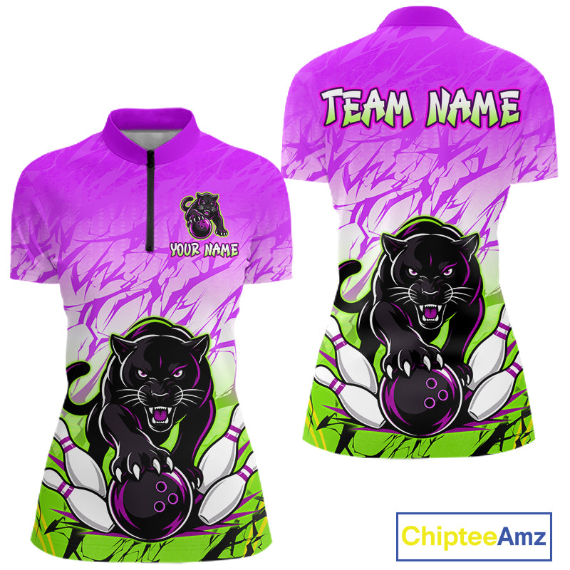 Front and back view of custom purple and green leopard bowling quarter zip shirt for women