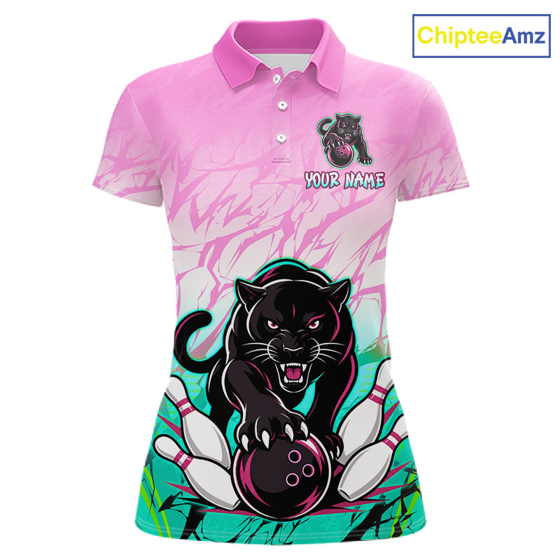 Front view of custom pink and turquoise leopard bowling polo shirt for women
