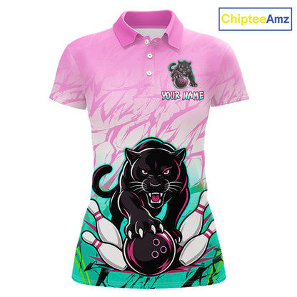 Front view of custom pink and turquoise leopard bowling polo shirt for women