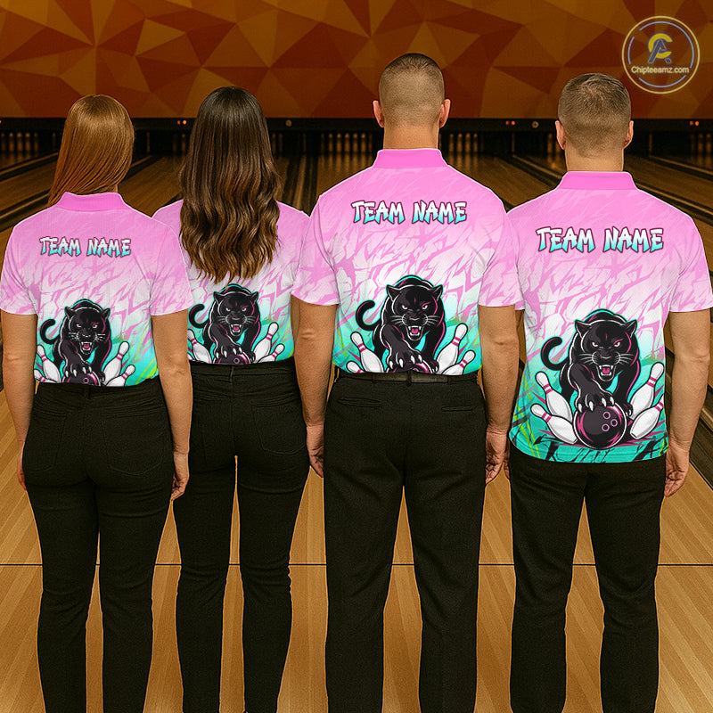 Custom Pink And Turquoise Leopard Bowling Women Polo & 1/4 Quarter Zip Shirt, Bowling League Team Shirt NBT891