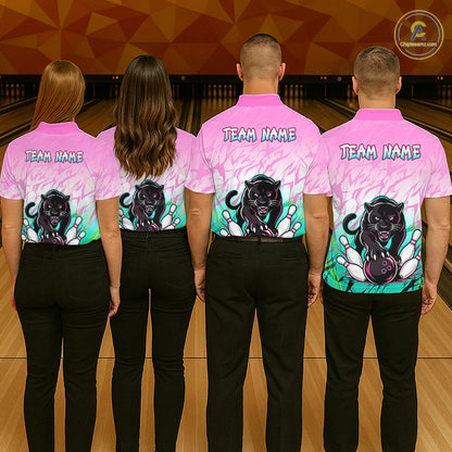 Custom Pink And Turquoise Leopard Bowling Women Polo & 1/4 Quarter Zip Shirt, Bowling League Team Shirt NBT891