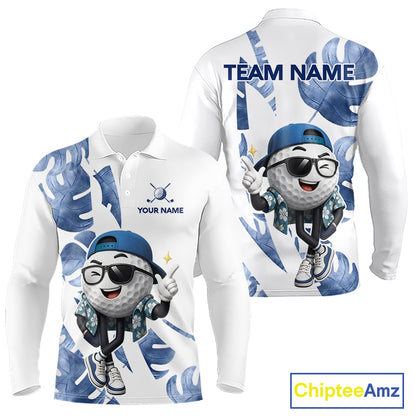 Funny Golf Ball Tropical Pattern Custom Mens Golf Polo Shirts, Golfing Gifts|Blue NBT708