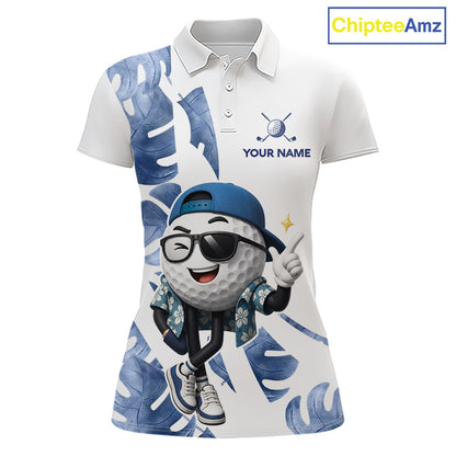 Funny Golf Ball Tropical Pattern Custom Womens Golf Polo Shirts, Golfing Gifts|Blue NBT708