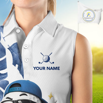 Funny Golf Ball Tropical Pattern Custom Womens Sleeveless Golf Polo Shirts, Golfing Gifts|Blue NBT708