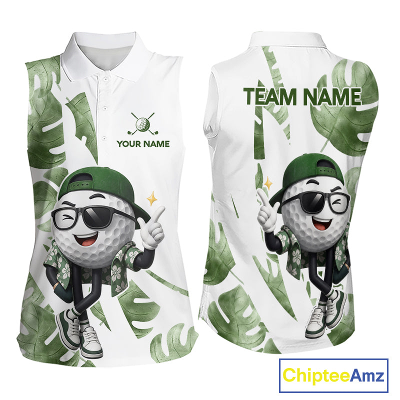 Funny Golf Ball Tropical Pattern Custom Womens Sleeveless Golf Polo Shirts, Golfing Gifts|Green NBT709