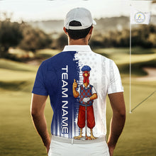 Load image into Gallery viewer, Man wearing Funny colorful rooster American Flag mens golf polo shirt with custom "team name" on a golf course
