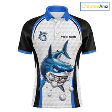 Load image into Gallery viewer, Blue White Shark Pattern Mens Golf Polo Shirt Front View Custom Name