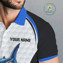 Load image into Gallery viewer, Blue White Shark Pattern Mens Golf Polo Shirt Detail View Funny Shark Design