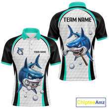 Load image into Gallery viewer, Turquoise White Shark Pattern Mens Golf Polo Shirt Front and Back View Custom Name Custom Team Name