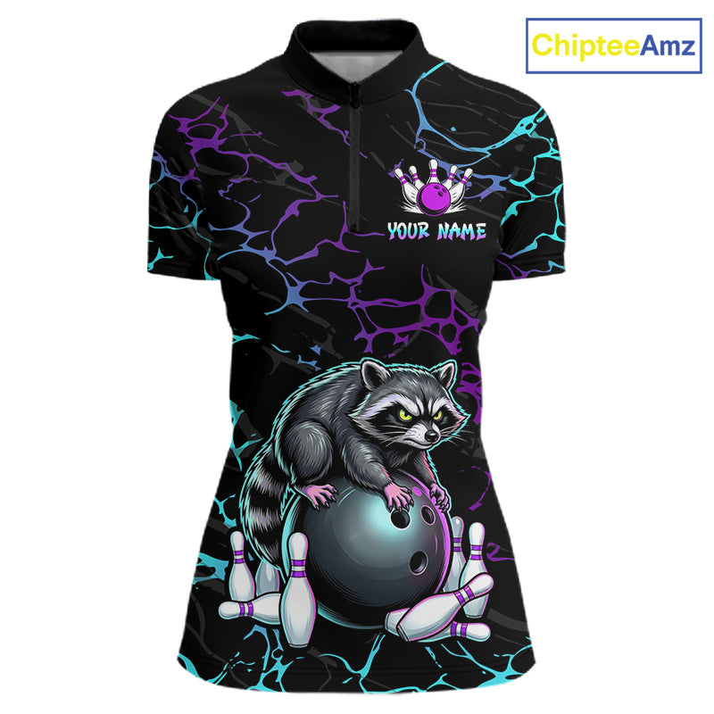 Neon Blue Purple Funny Raccoon Bowling Team Shirt Customized Bowling League Polo & 1/4 Zip Gift For Women NBT893