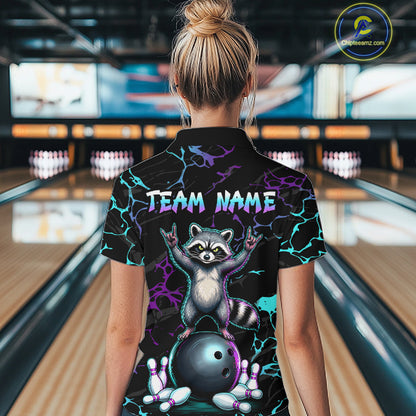 Neon Blue Purple Funny Raccoon Bowling Team Shirt Customized Bowling League Polo & 1/4 Zip Gift For Women NBT893