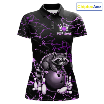 Purple Funny Raccoon Bowling Team Shirt Customized Bowling League Polo & 1/4 Zip Gift For Women NBT894
