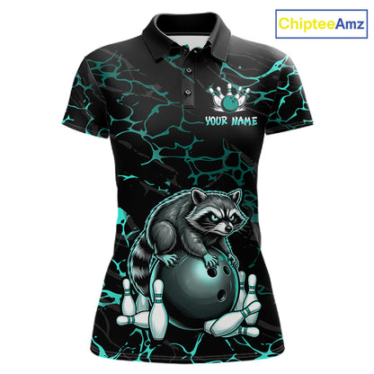 Turquoise Funny Raccoon Bowling Team Shirt Customized Bowling League Polo & 1/4 Zip Gift For Women NBT895