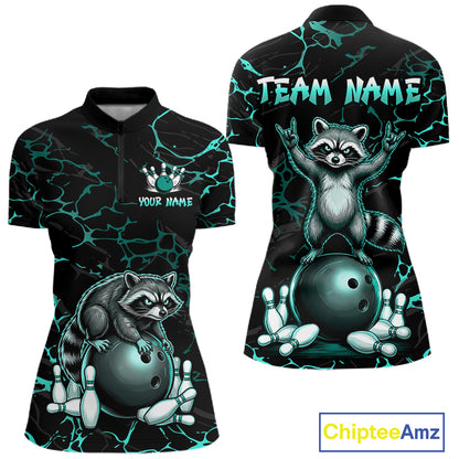 Turquoise Funny Raccoon Bowling Team Shirt Customized Bowling League Polo & 1/4 Zip Gift For Women NBT895