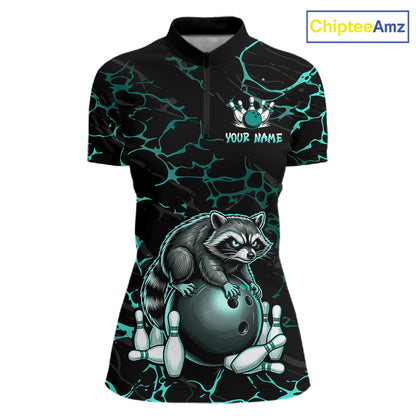 Turquoise Funny Raccoon Bowling Team Shirt Customized Bowling League Polo & 1/4 Zip Gift For Women NBT895